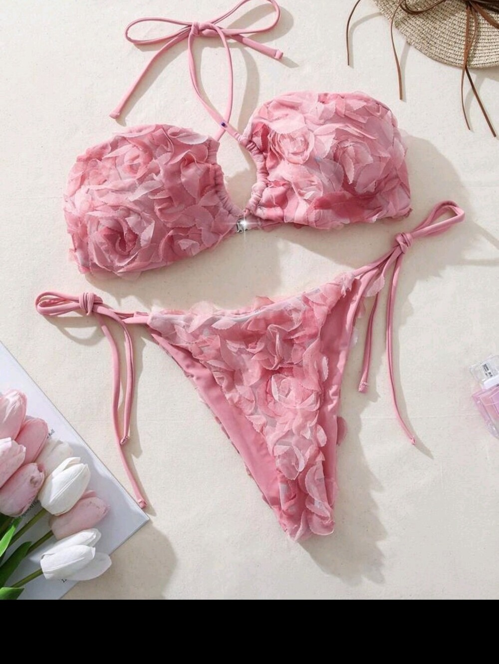 Floral Textured Pink Tie-Side Bikini Set